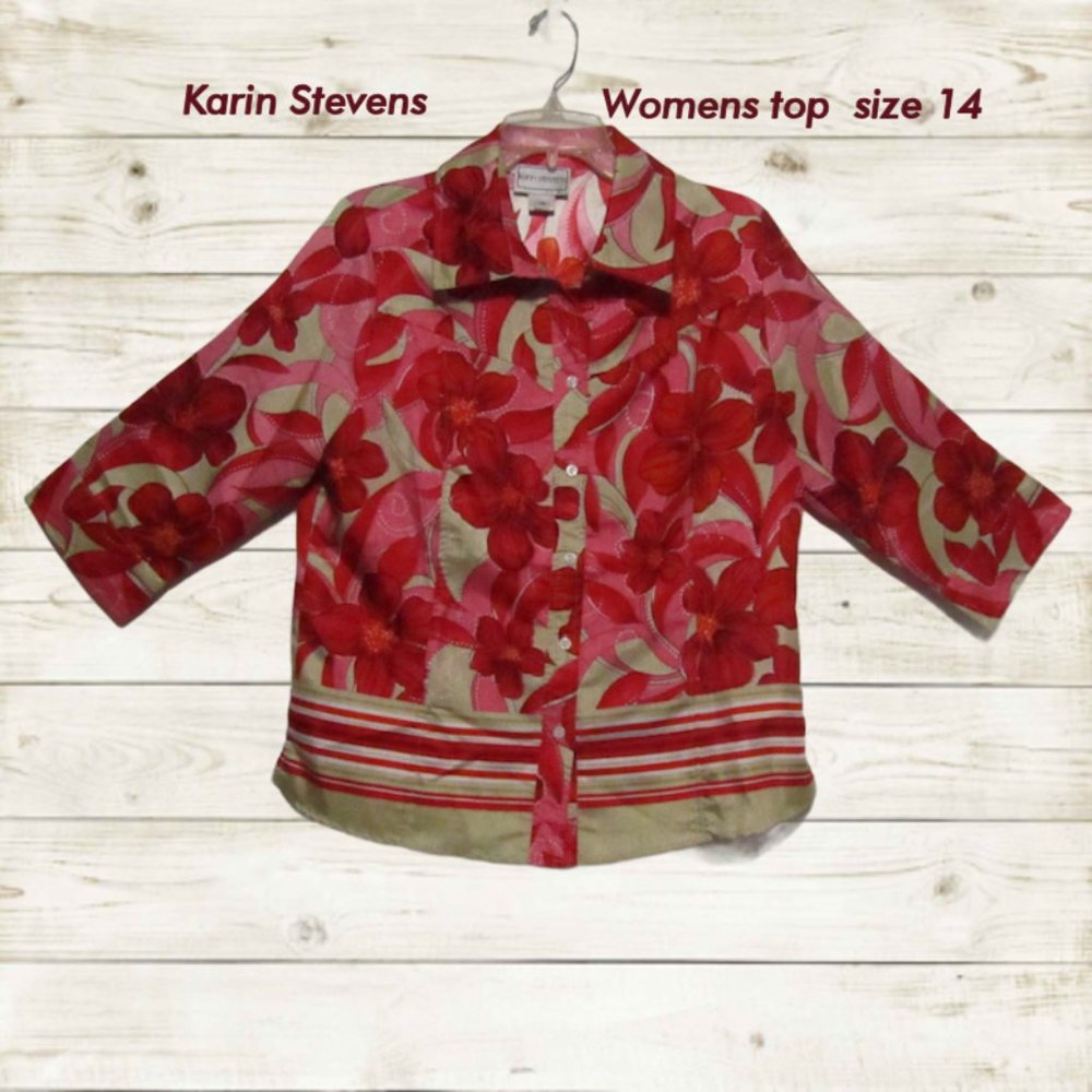 Karin Stevens Vintage womens size 14, shirt button down short sleeves red floral